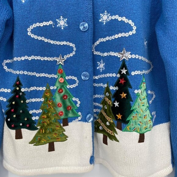 Cristal Kobe Ugly Christmas Tree Sweater Cardigan S Vintage Blue Embroidered - Picture 6 of 6
